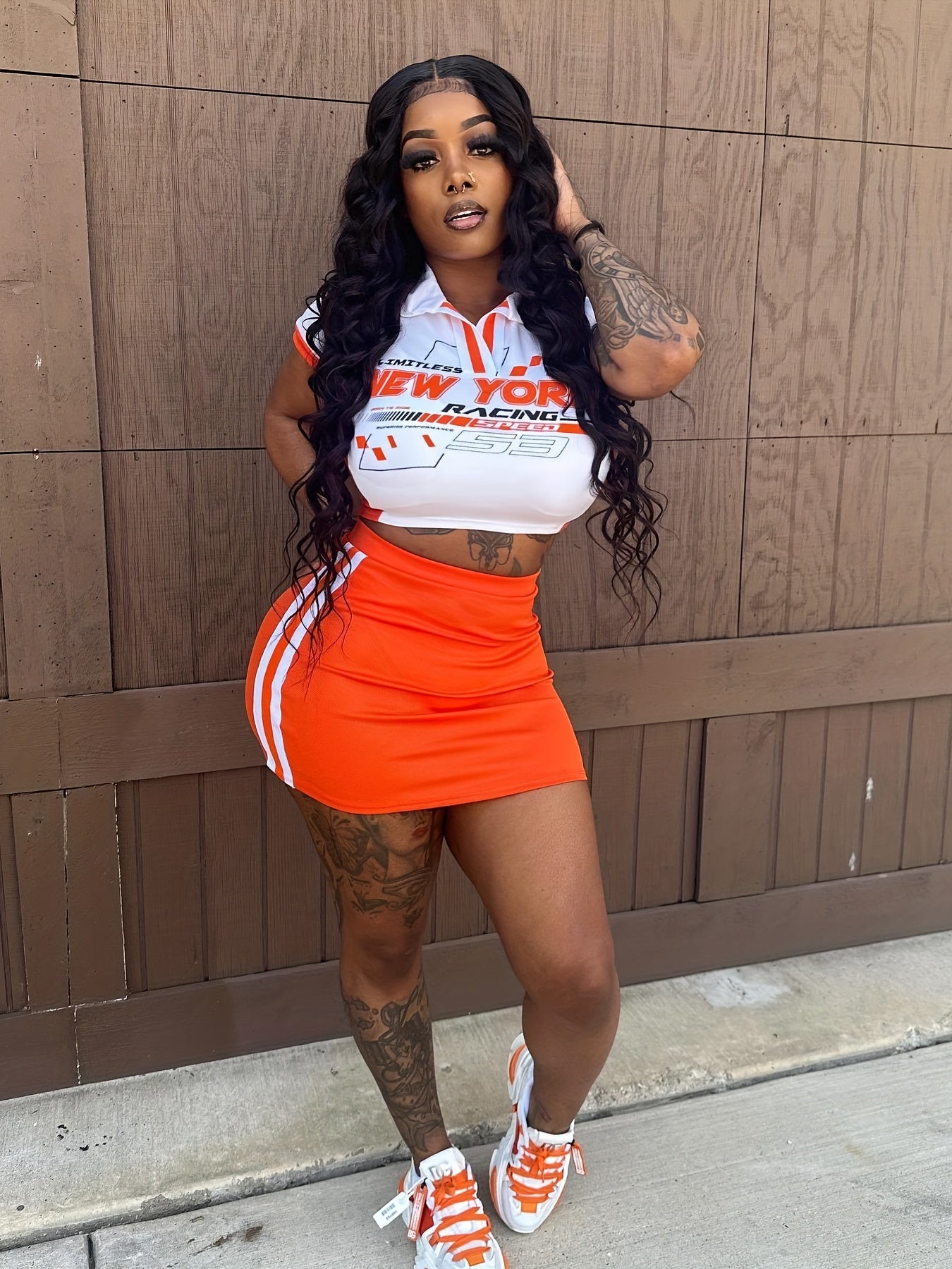 Letter Print Crop T-shirt & Striped Bodycon Skirt Two Piece Set