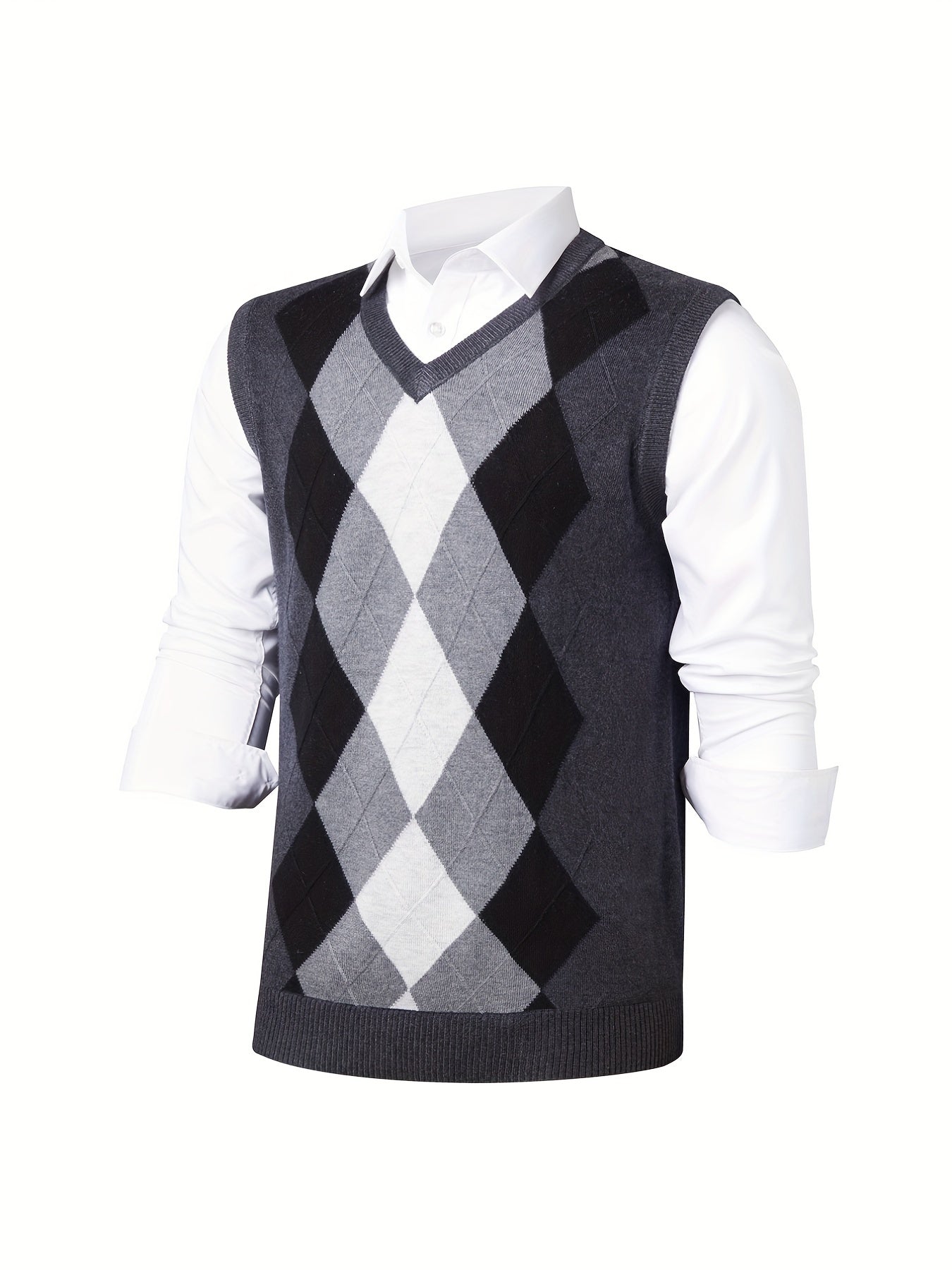 Men's V-Neck Argyle Casual Knitted Sweater Vest for Autumn Winter