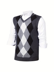 Men's V-Neck Argyle Casual Knitted Sweater Vest for Autumn Winter