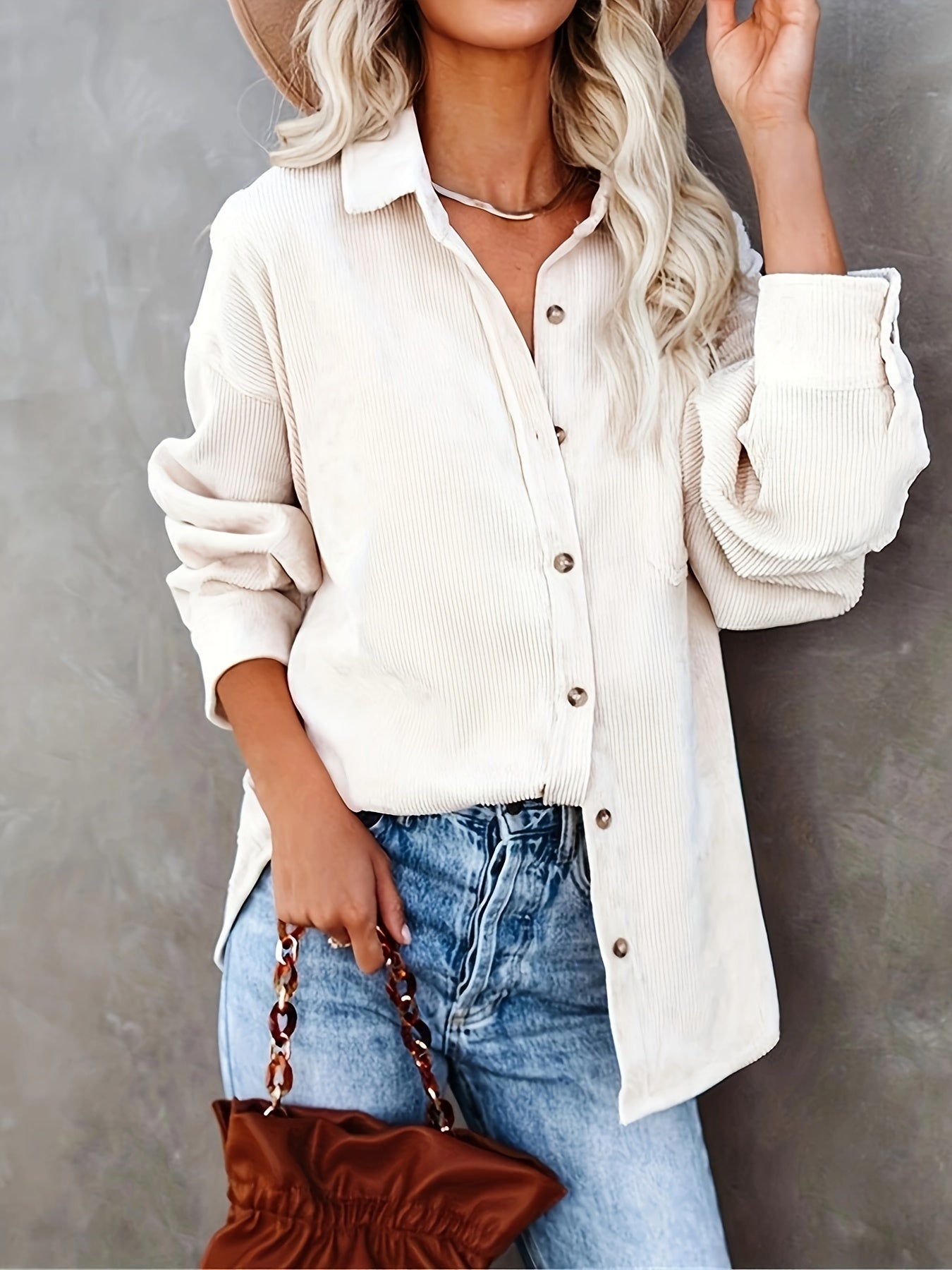 Solid Corduroy Button Up Long Sleeve Collar Shirt