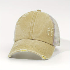 Distressed Ponytail Trucker Hat Adjustable Baseball Cap