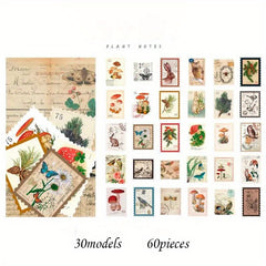 60pcs Vintage Stamp Stickers Retro Plant Mushroom for DIY Scrapbook Journal