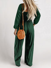 Solid Long Sleeve Square Neck Wide Leg Jumpsuit With Belt