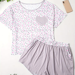 Polka Dot & Heart Print Tee & Shorts Pajama Set