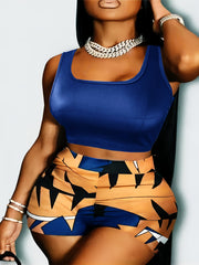 Solid Crop Tank Top & Geo Print High Waist Shorts Set