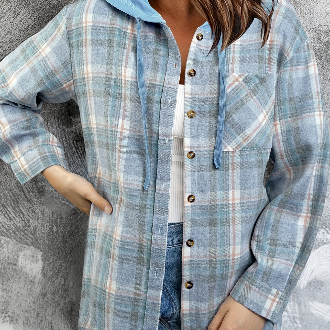 Plaid Print Hooded Jacket Button Front Outerwear Spring & Fall