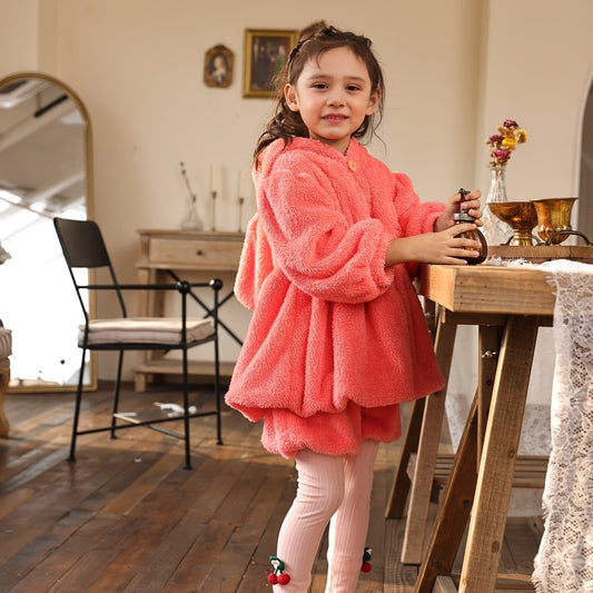 Girl's Rabbit Ear Hooded Coat & Shorts Set Soft Casual Outfits