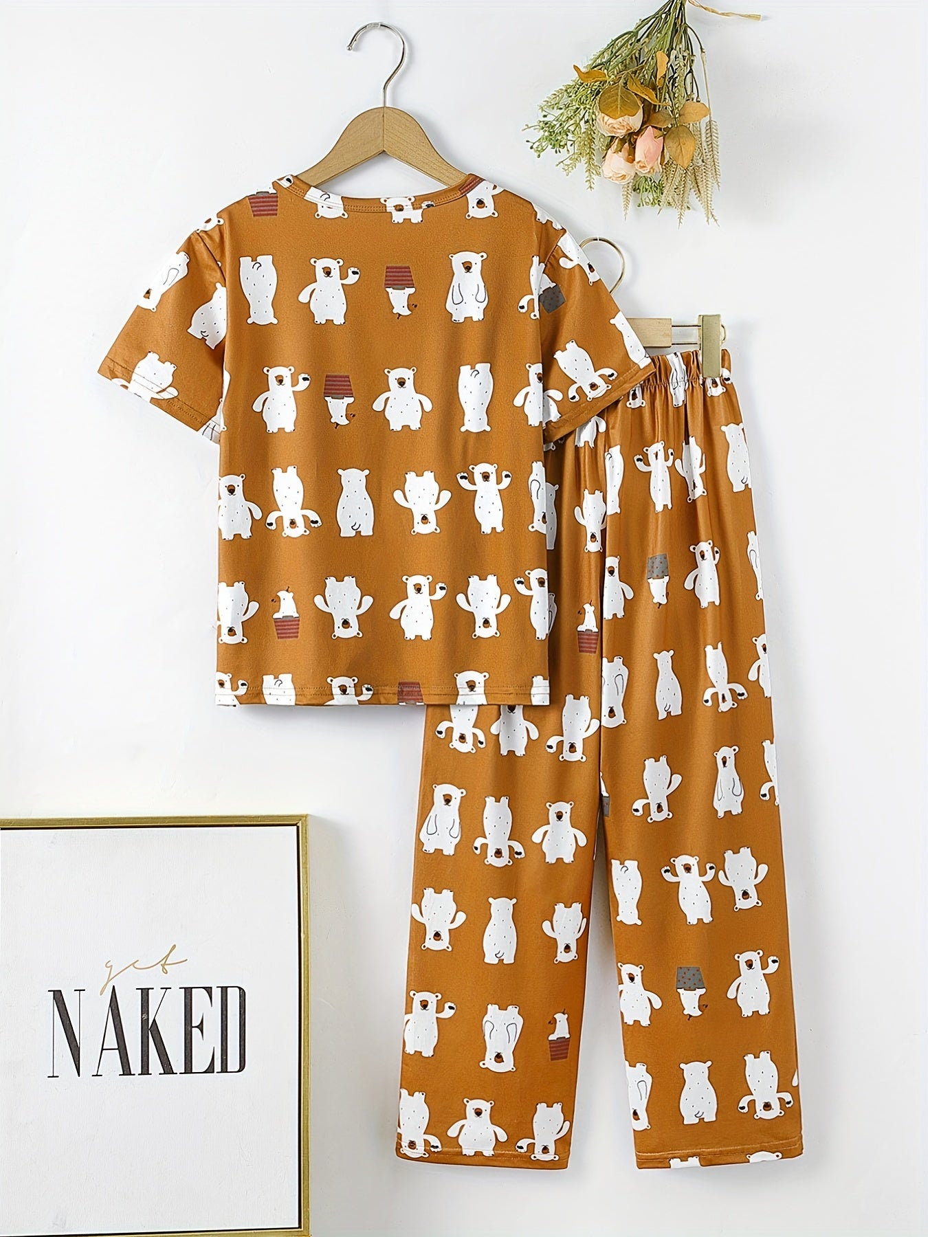Boys Bear Print Pajama Set Tee Top & Pants Kids Loungewear 2pcs Set