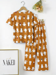 Boys Bear Print Pajama Set Tee Top & Pants Kids Loungewear 2pcs Set