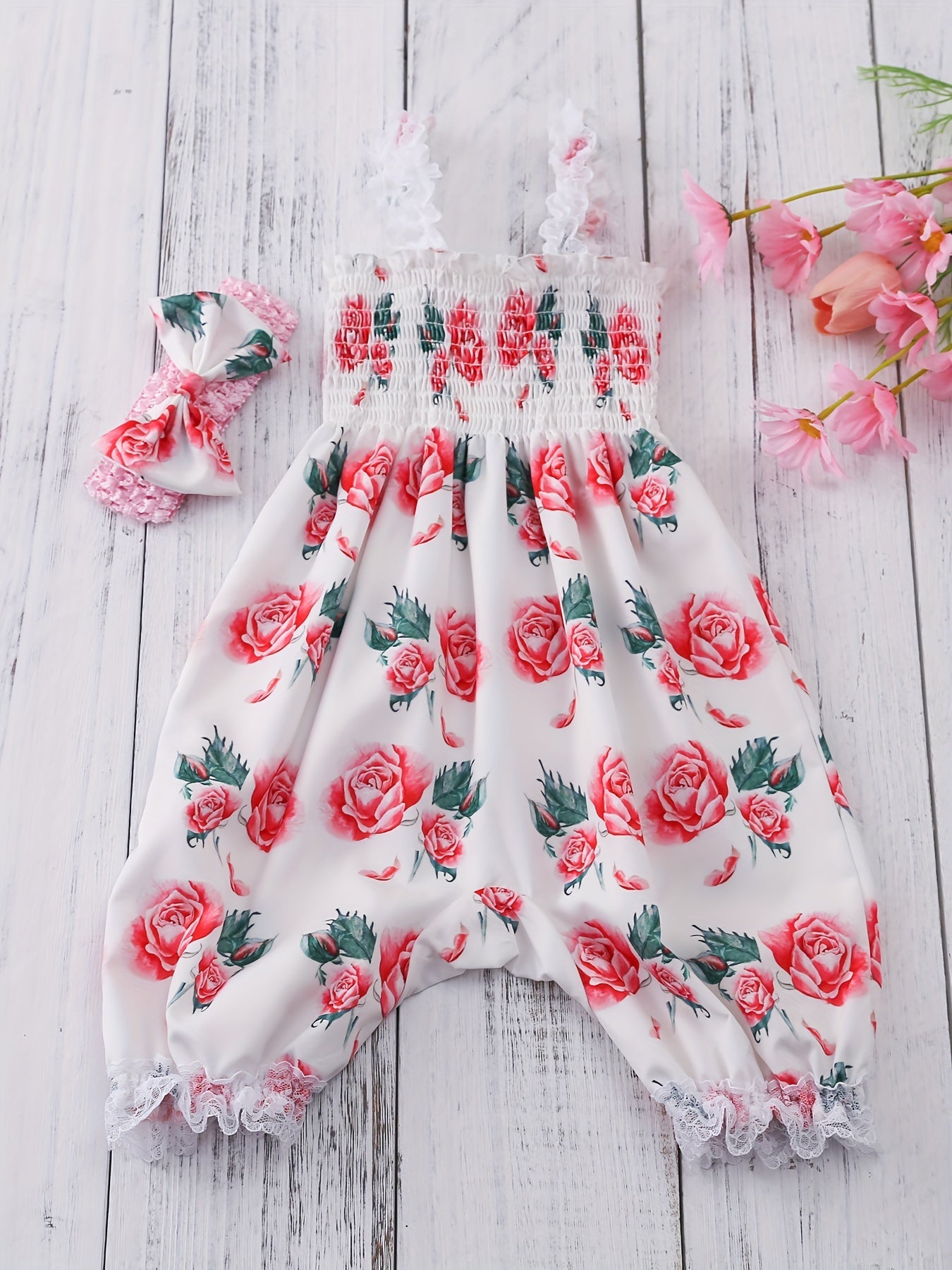 Baby Girls Romper Bloomers With Flower Print Lace Brim Bow Headband Set