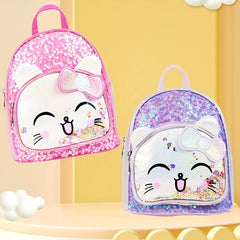 Kids Cartoon Cat Sequin Backpack Mini Waterproof PU Leather Glitter Bag