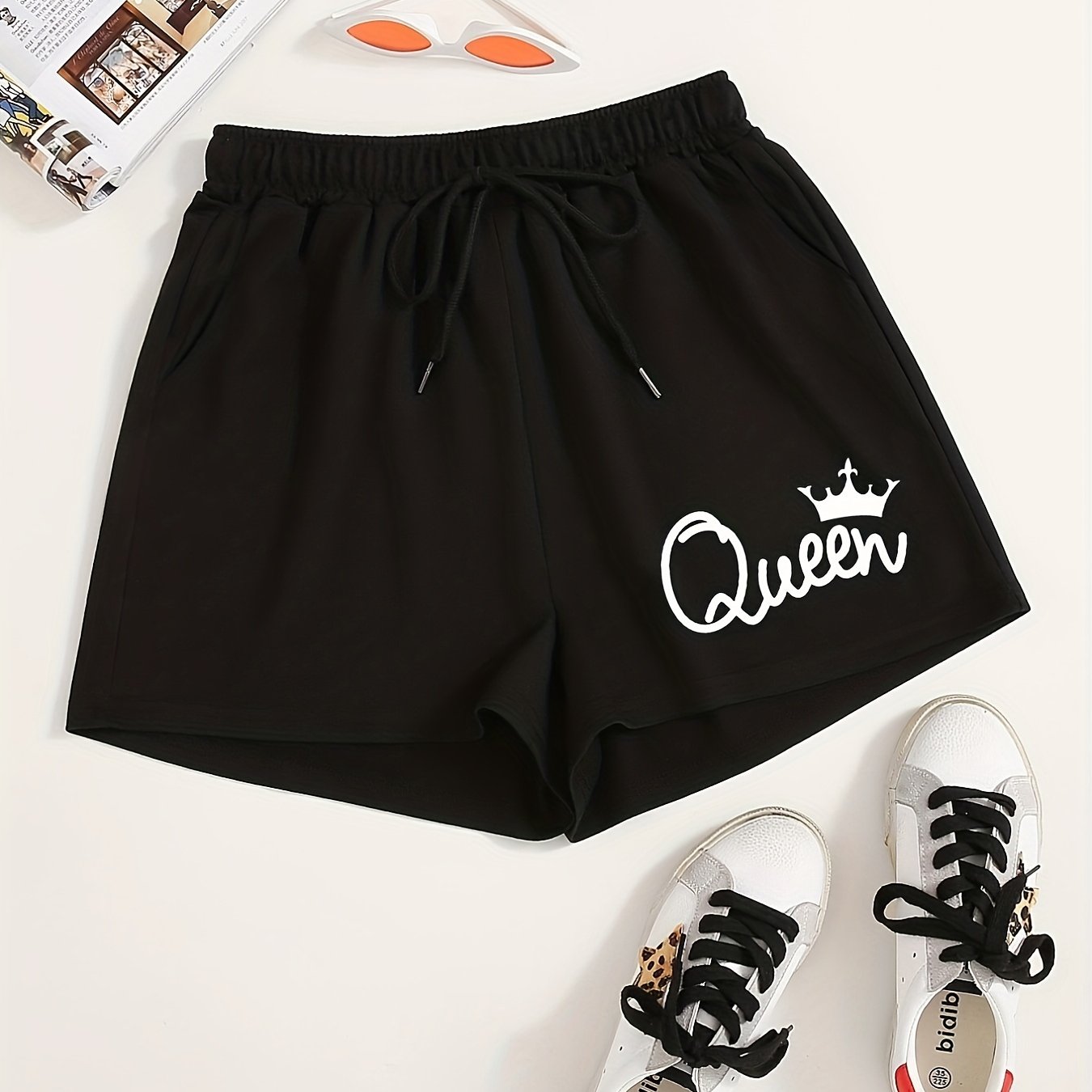 Queen Letter Print Hotpants Drawstring Waist Shorts