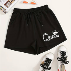 Queen Letter Print Hotpants Drawstring Waist Shorts