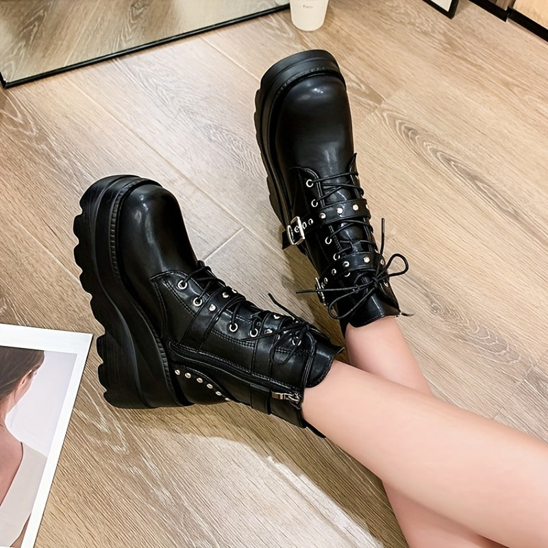 Gothic Style Ankle Boots Round Toe Buckle Strap Lace Up Side Zip Y2K High Heel