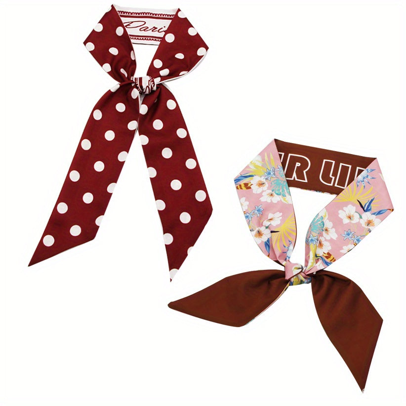 2pcs Red Floral Dotted Skinny Scarf Long Ribbon Neckerchief Twilly Scarf