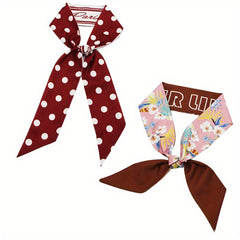 2pcs Red Floral Dotted Skinny Scarf Long Ribbon Neckerchief Twilly Scarf