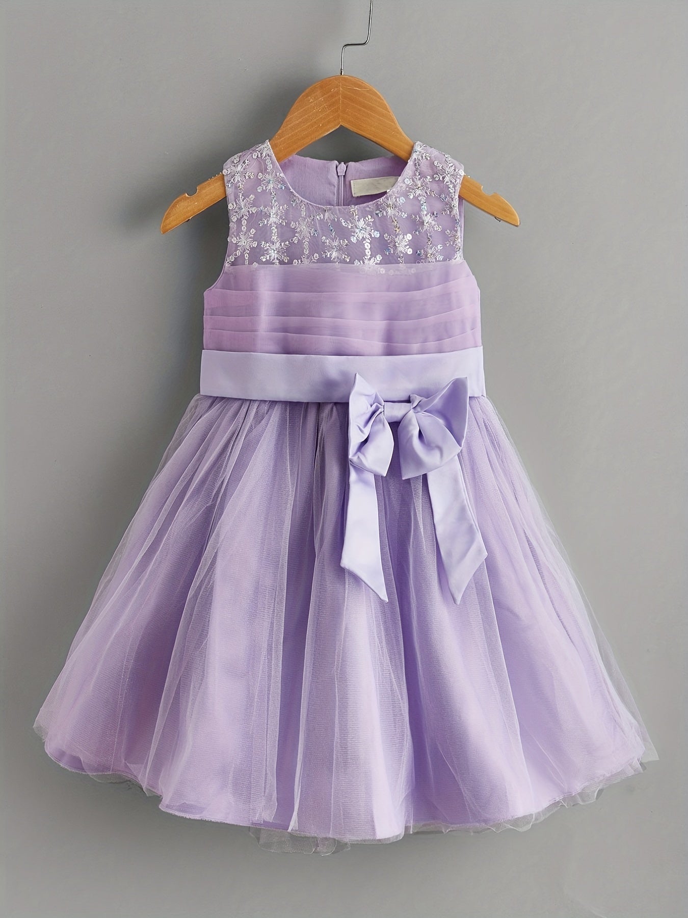 Toddler Girls Sleeveless Sequin Flowers Bow Front Mesh Princess Dress
