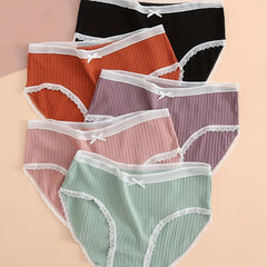 5 Pack Plus Size Panties Set Ribbed Lace Trim Bow Stretch Underwear