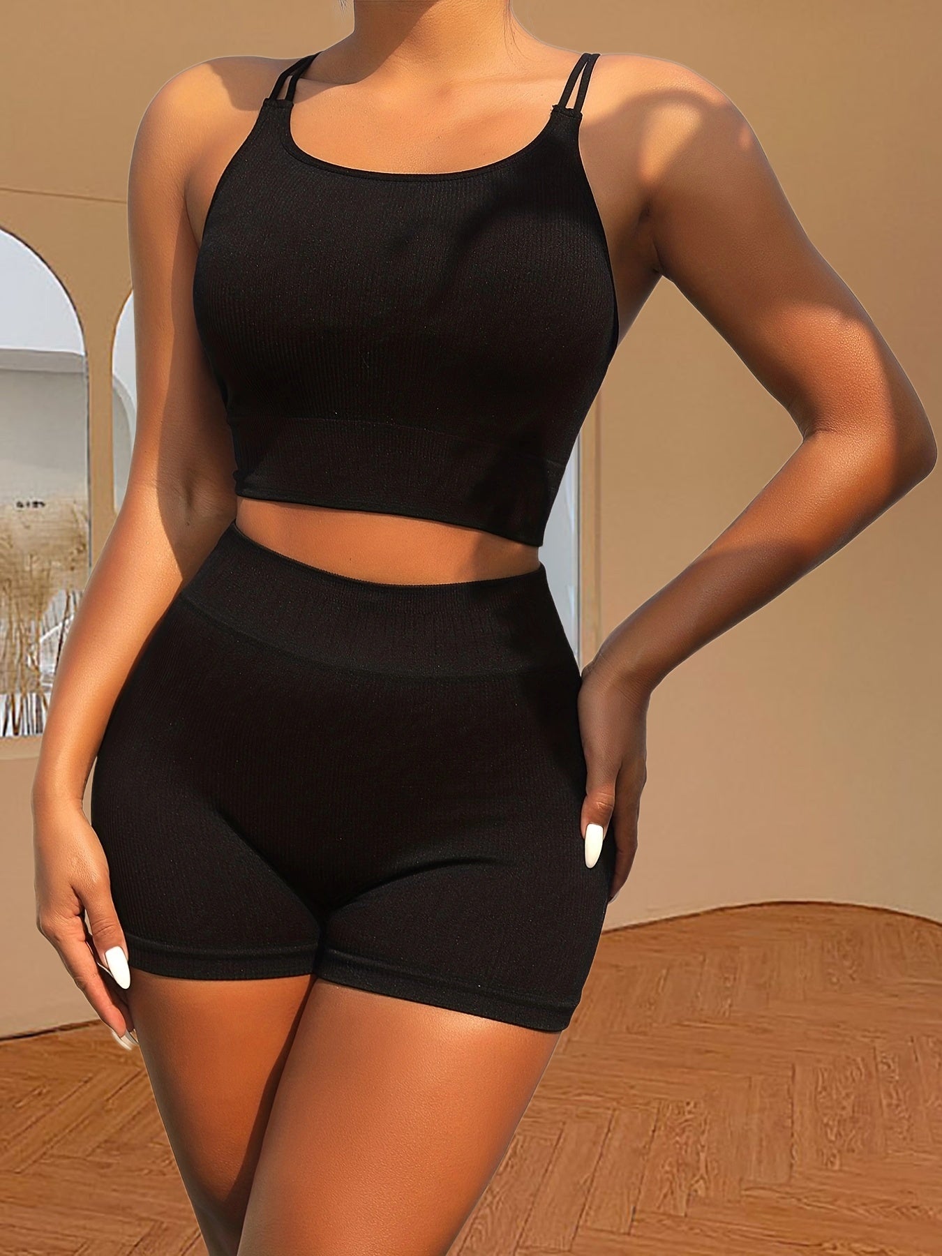 Solid Criss Cross Training Bra & Boyshort Panty Set
