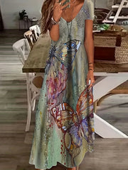 Butterfly Print V Neck Dress Short Sleeve Casual Dress for Spring & Summer