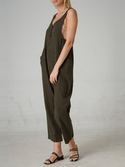Women's Button Sleeveless V Neck Jumpsuit