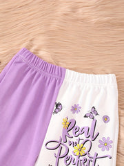 Kid Girls' Butterfly Floral And Letter Graphic Colorblock Pants