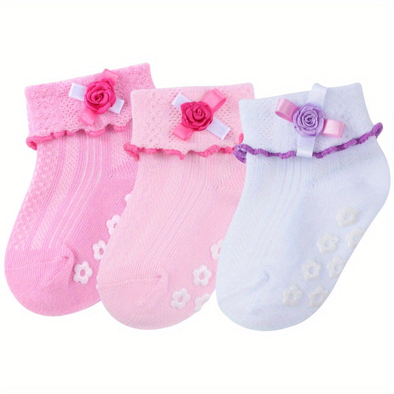 3pairs Bow Decor Non slip Knit Socks Soft Comfortable Breathable Socks