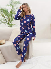 Donut Print Pajama Set Crew Neck Top & Pants Women's Sleepwear