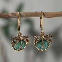 Retro Dragonfly Green Pendant Earrings Bohemian Style Jewelry