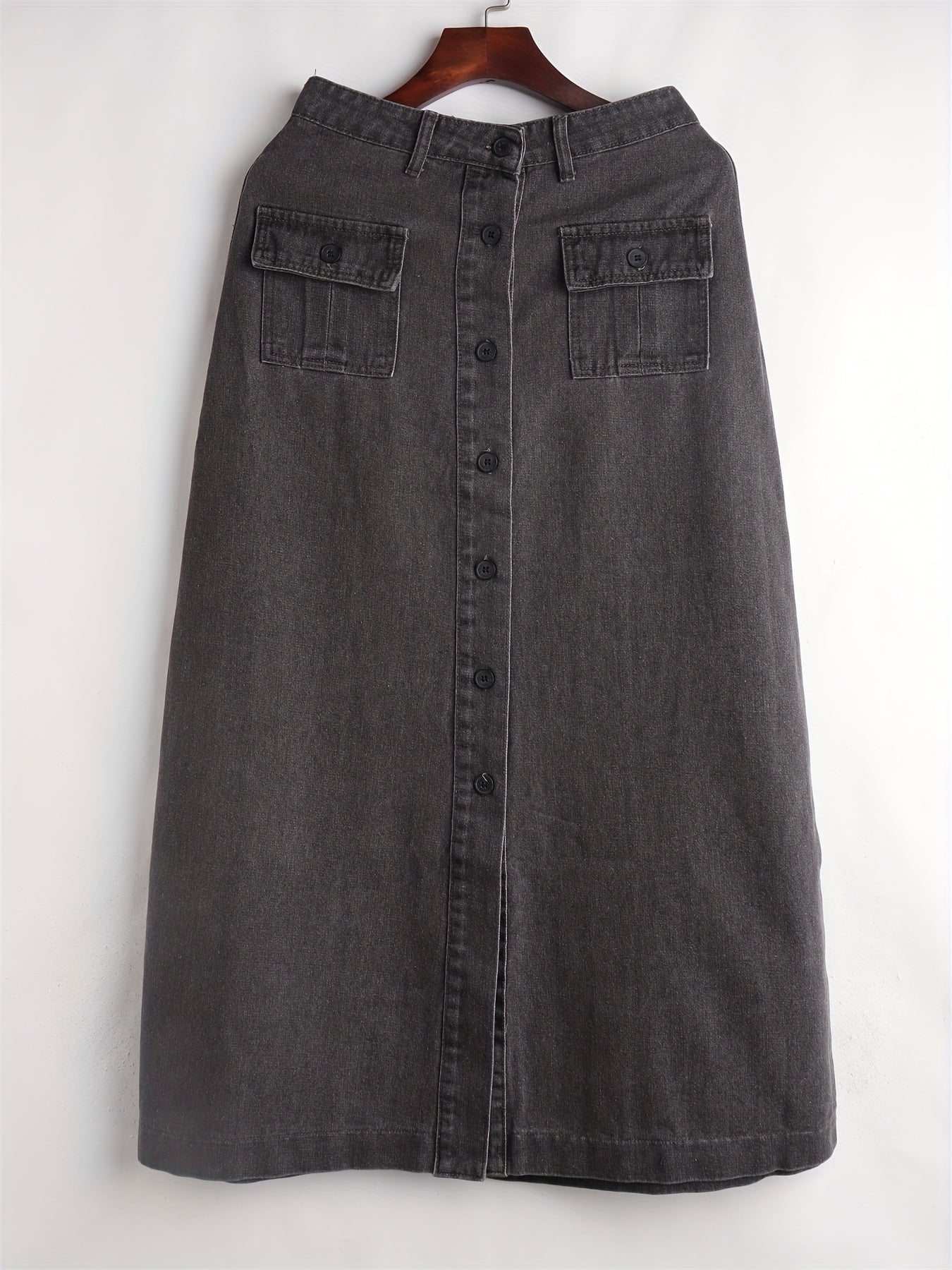 Solid Flap Pockets Denim Skirt Single Breasted Button Non Stretch