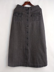 Solid Flap Pockets Denim Skirt Single Breasted Button Non Stretch