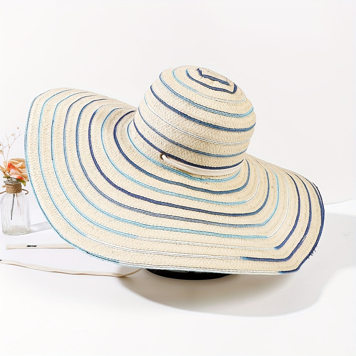 Striped Lace Sun Hat Wide Brim Hollow Straw UV Protection Travel Beach Hat