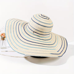 Striped Lace Sun Hat Wide Brim Hollow Straw UV Protection Travel Beach Hat