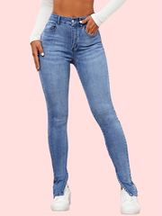 High Waist Skinny Jeans Split High Rise Slim Fit Slash Pockets Denim Pants