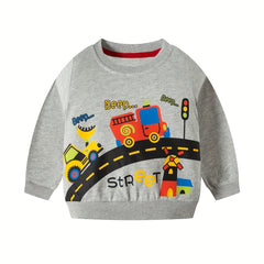 Boys Cartoon Car Print Crewneck Sweatshirt