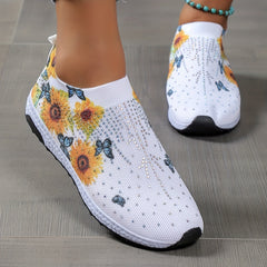 Butterfly Sunflower Pattern Rhinestone Decor Mesh Sneakers