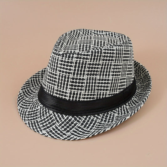 Plaid Striped Jazz Fedora Cap Straw Sun Hat British Style Trilby Hats