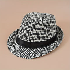 Plaid Striped Jazz Fedora Cap Straw Sun Hat British Style Trilby Hats