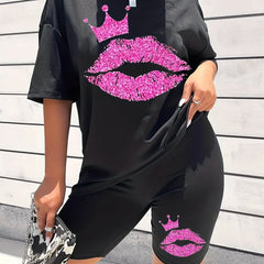 Lip Print Matching Set Short Sleeve T-shirt & Shorts Outfit Women's Clothing