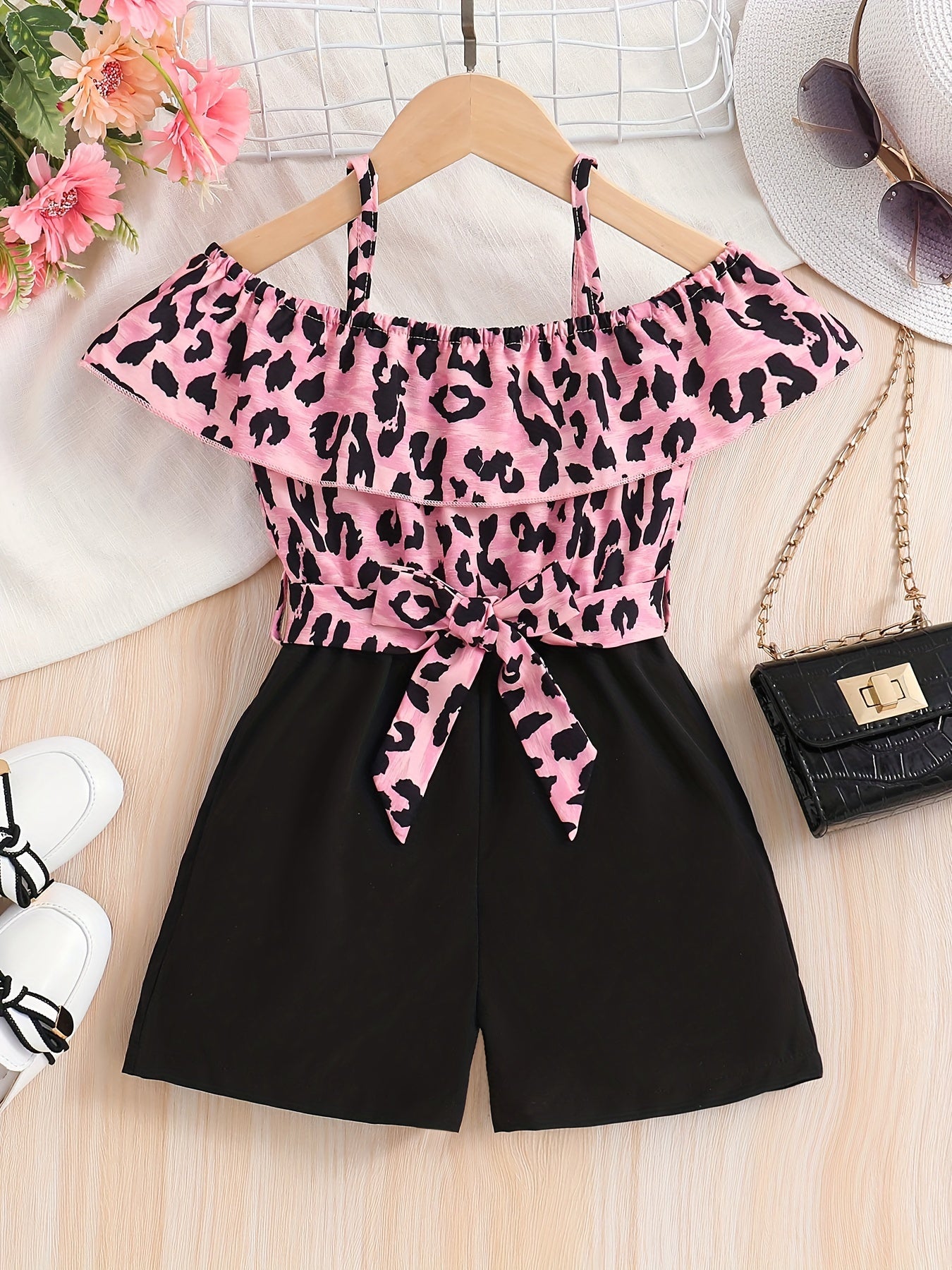 Leopard Print Ruffle Trims Cami Romper Jumpsuit With Belt