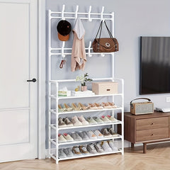 Metal Shoe & Hat Rack Door Storage Organizer with Hooks
