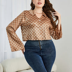 Checkerboard Bell Sleeve Crop Blouse Plus Size