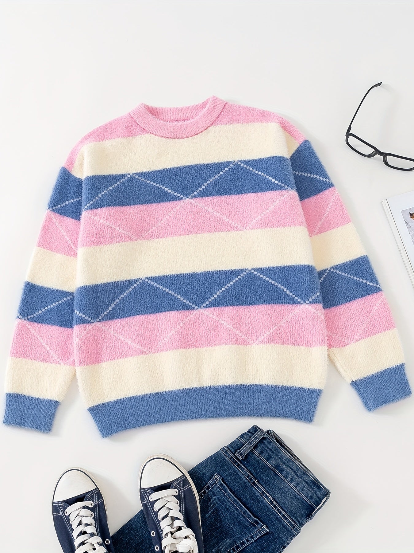 Girls' Plush Long Sleeve Knitted Sweater