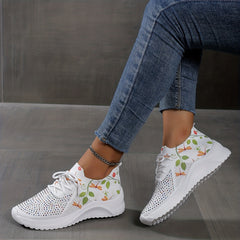 Rhinestone & Leaf Print Lace Up Sneakers Lightweight Sock Outdoor Shoes