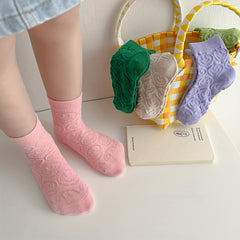 4 Pairs Girls Kids Candy Colored Smile Face Socks Breathable Comfy Crew Socks