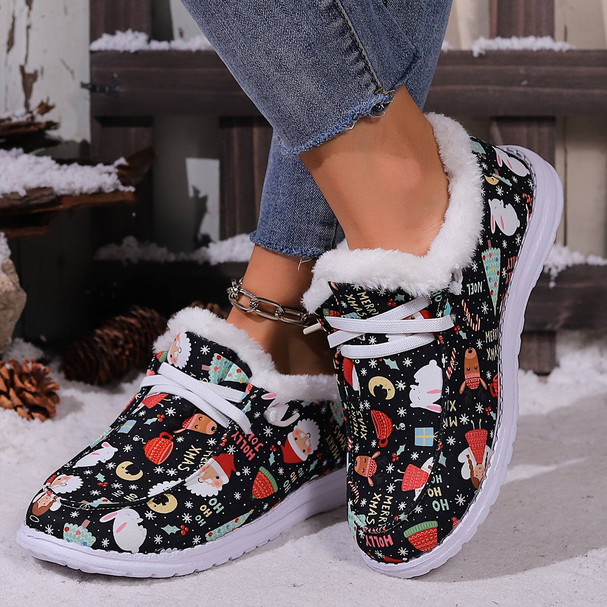 Christmas Style Snow Boots Santa Bunny Moon Pattern Plush Comfort Flats
