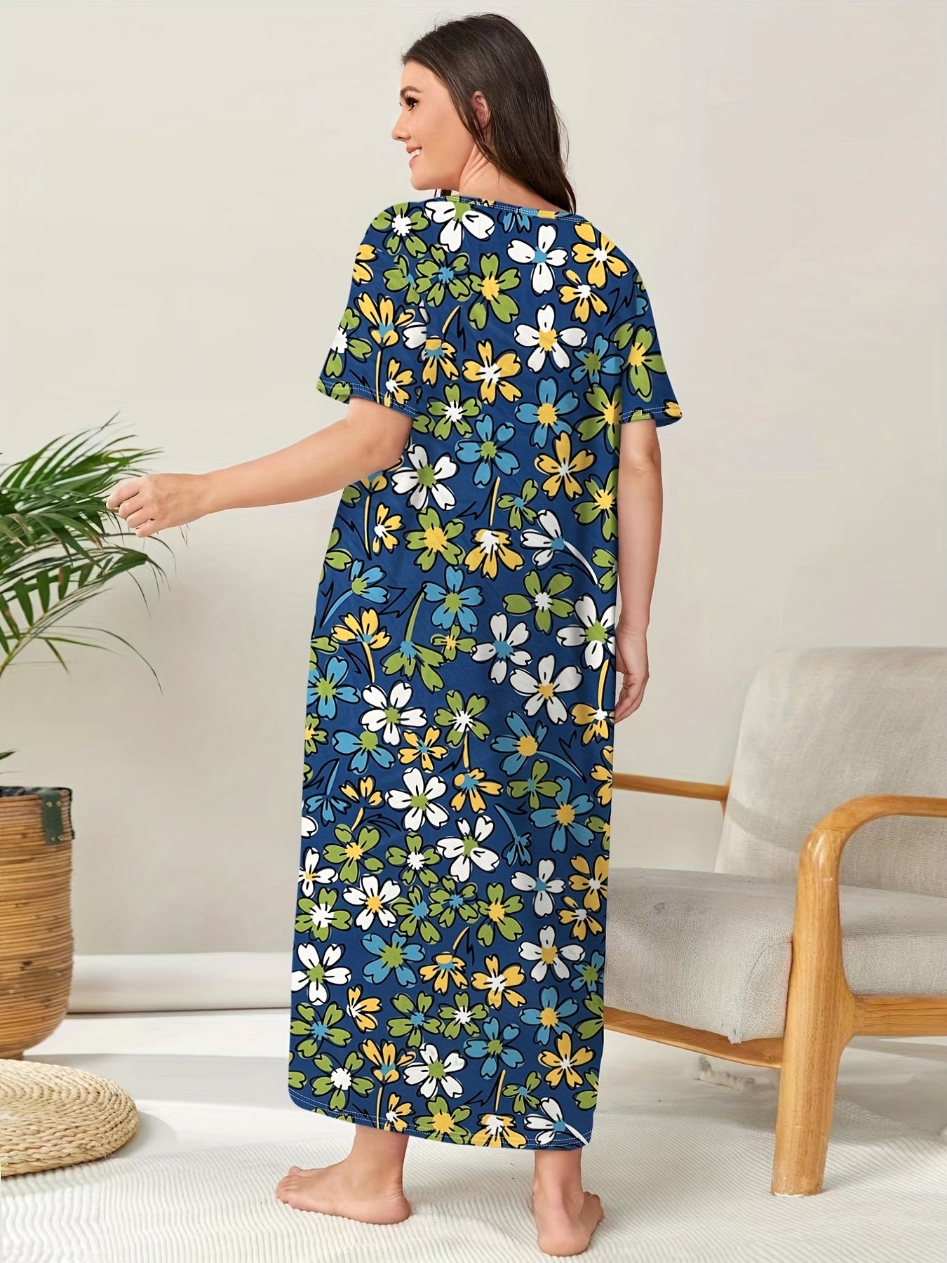 Colorful Floral Print Plus Size Lounge Dress