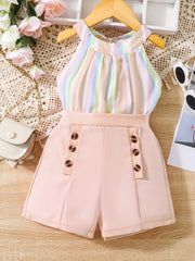 Girl's Rainbow Striped Halter Top & Button Shorts Set Beach Holiday Outfit