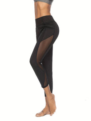 Mesh Lace Trim Skinny Cropped Pants Sports Fitness Yoga Leggings