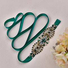 Vintage Rhinestone Waist Belt Sparkling Crystals Green Ribbon Bridal Sash